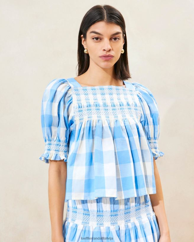 sievietes lydie smocked top zils gingham Loeffler Randall drēbes PJ4VVD199